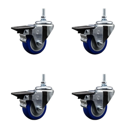 Service Caster 3 Inch Blue Polyurethane 38 Inch Threaded Stem Caster Set with Brake SCC-TS20S314-PPUB-BLUE-PLB-381615-4